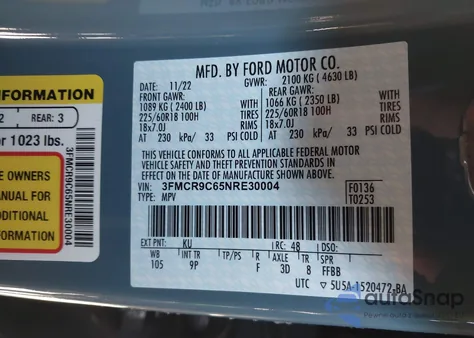 2022 Ford Bronco Sport Outer Banks z USA, uszkodzony, nr VIN 3FMCR9C65NRE30004